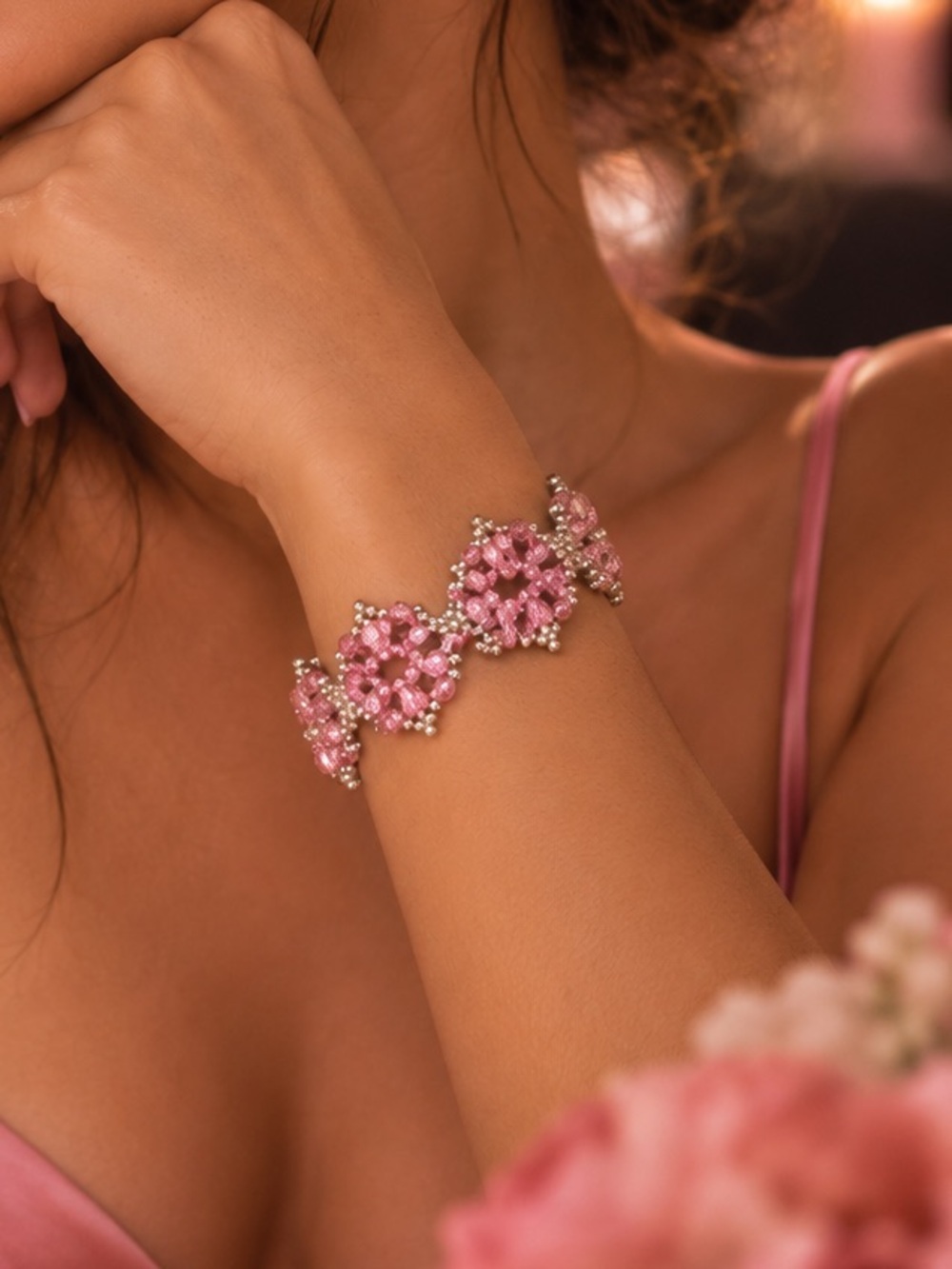 Handcrafted Pink and Silver Beaded Floral Bracelet - for prom or a special event